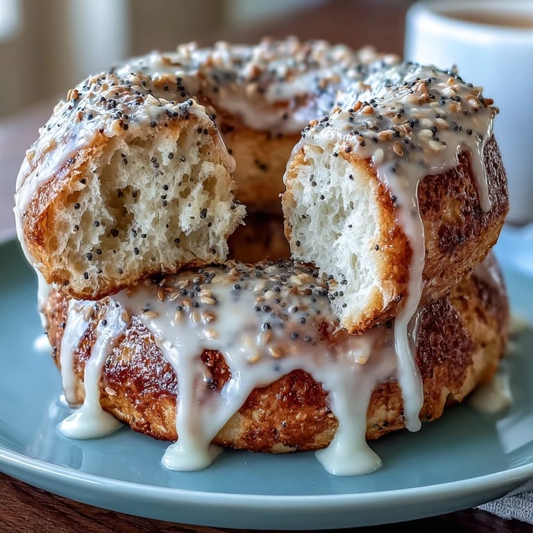Fluffy, golden bagels studded with poppy seeds and lemon zest, topped with a tangy lemon glaze for a refreshing treat.