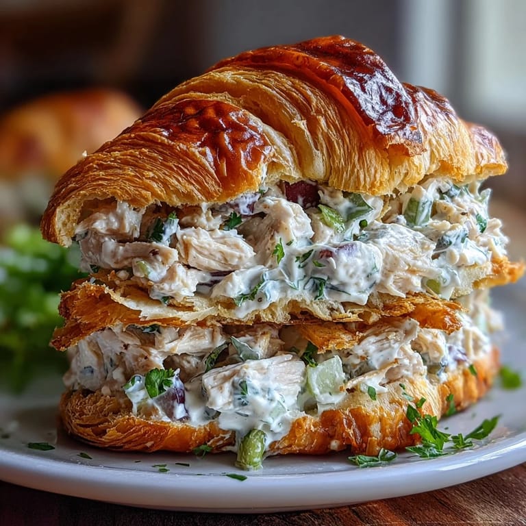 Golden croissants filled with tender chicken, sweet grapes, and crunchy celery, topped with a honey Dijon yogurt dressing.