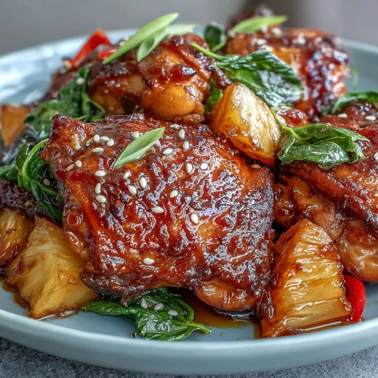 Golden seared chicken thighs simmered in a sticky honey garlic sauce with juicy pineapple and colorful bell peppers for a tropical one-pan dinner.