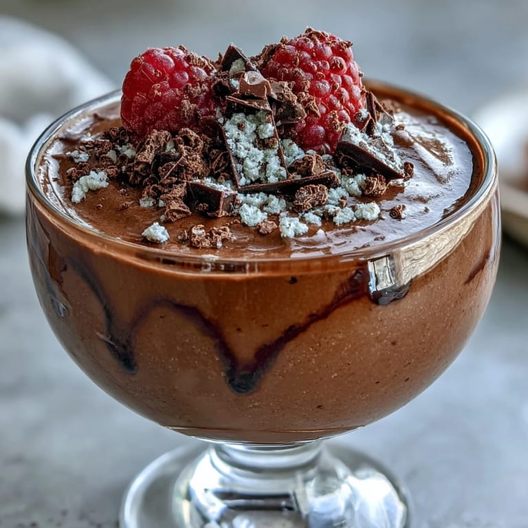 Velvety smooth chocolate mousse made with cottage cheese and Greek yogurt, garnished with chopped nuts for added crunch.