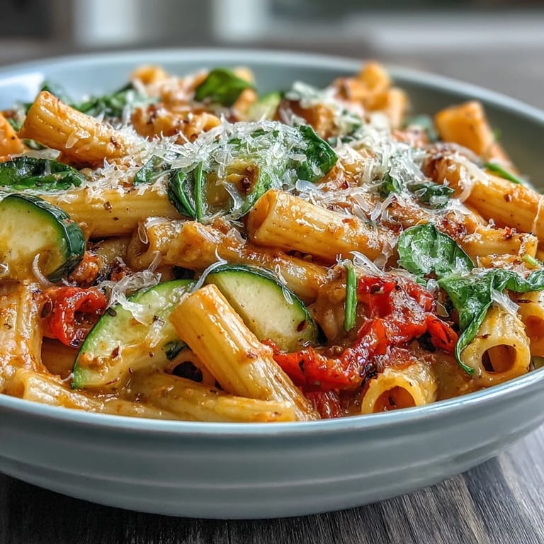 Easy weeknight dinner: hearty pasta with tomatoes, spinach, and Italian herbs, cooked in a single pot.