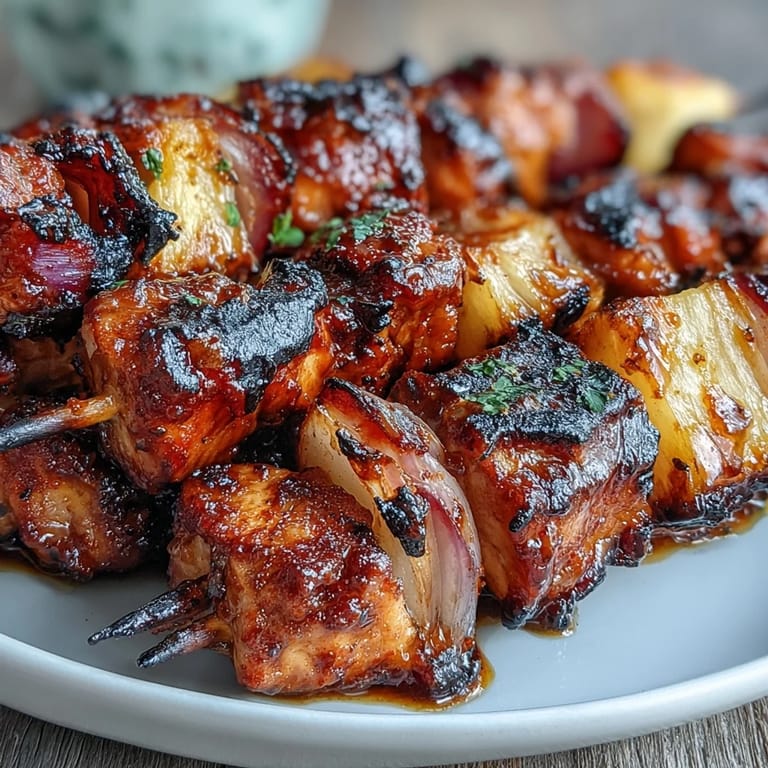 Juicy chicken and sweet pineapple skewers with red onion, brushed with tangy BBQ sauce and charred to perfection.  