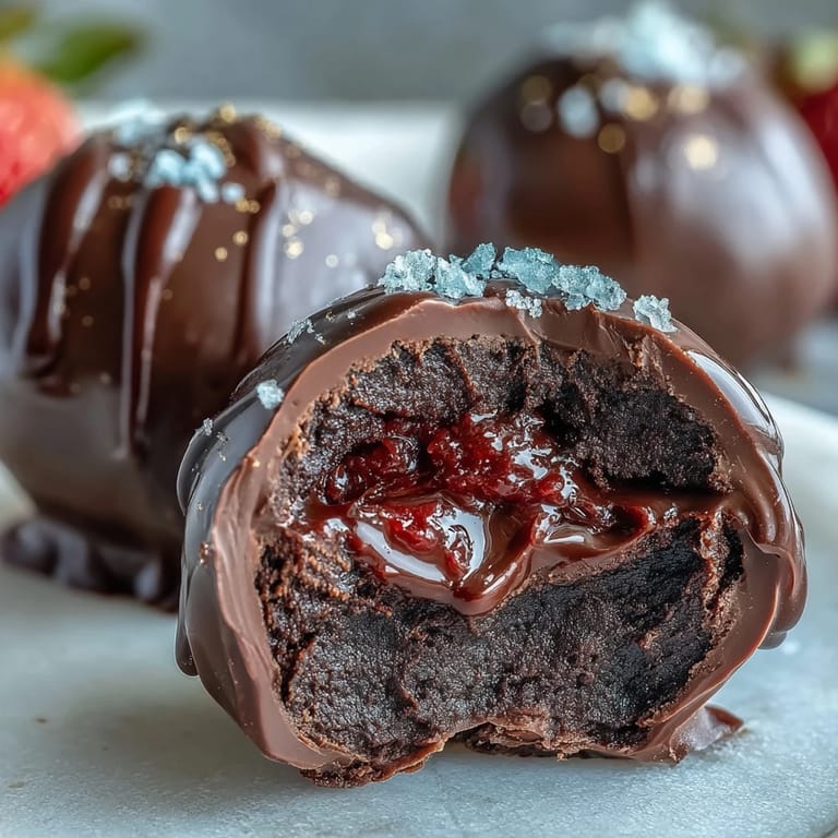 Decadent dark chocolate truffles infused with strawberry and adorned with shimmering gold flakes, perfect for special occasions.