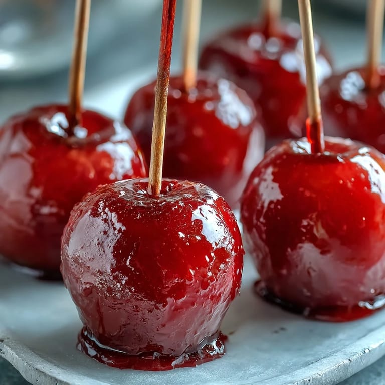 Tiny apples coated in shiny red hard candy, a fun and festive dessert for any occasion.