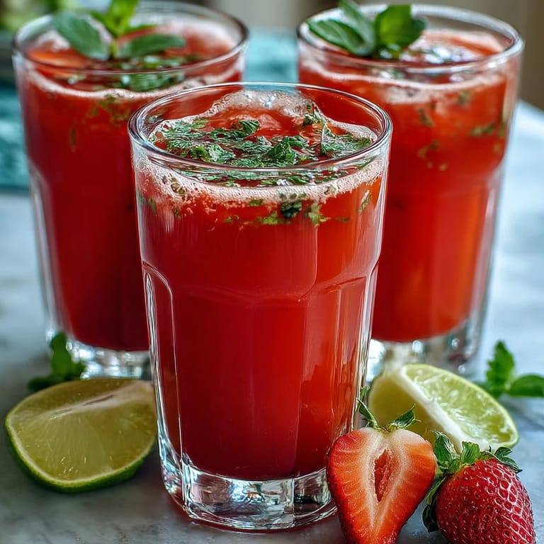 Sweet strawberry basil lemonade in a pitcher, garnished with fresh strawberries and a sprig of basil.