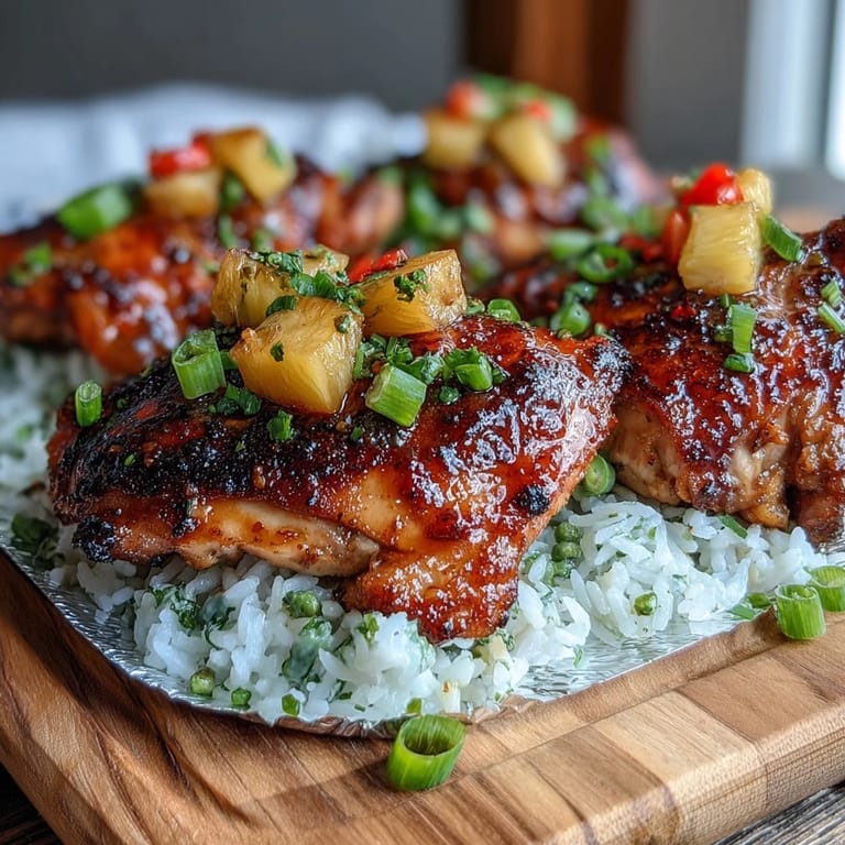 A close-up view of the opened pineapple chicken and rice foil packet with colorful peppers and snap peas.