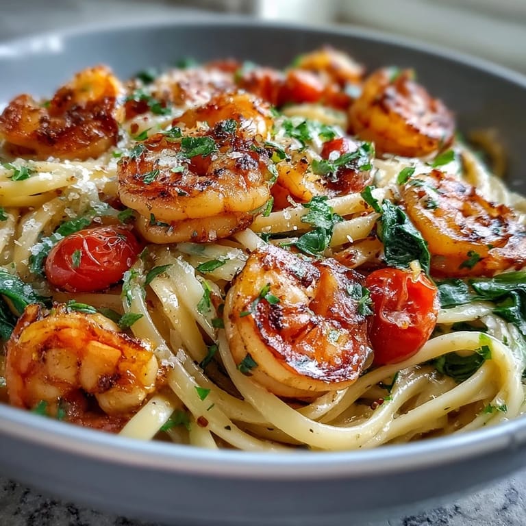 A colorful spring pasta dish featuring tender shrimp, zucchini, snap peas, and cherry tomatoes in a fragrant one-pot meal.
