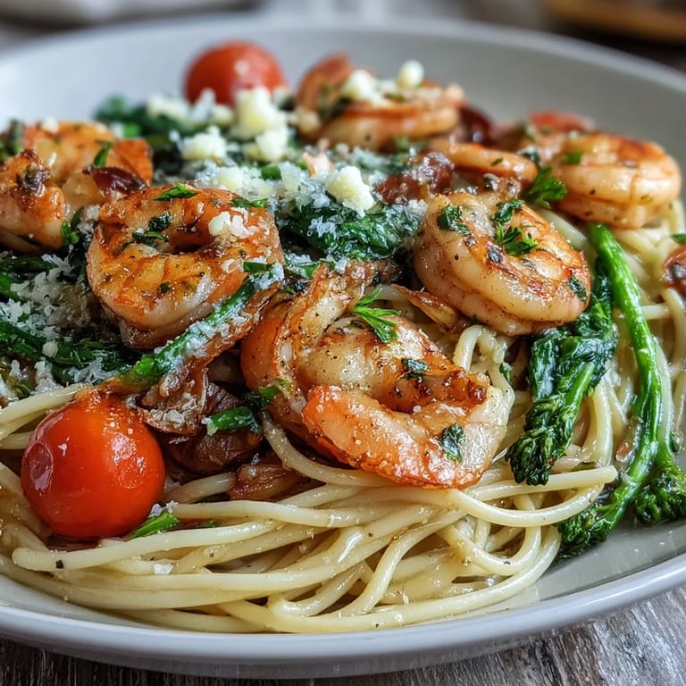 Easy One-Pot Garlic Shrimp with Angel Hair, bursting with fresh vegetables and a bright lemon-white wine sauce.