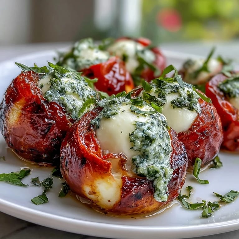 Juicy cherry tomatoes and creamy mozzarella on skewers, paired with fragrant basil and a zesty pesto drizzle for a refreshing bite.