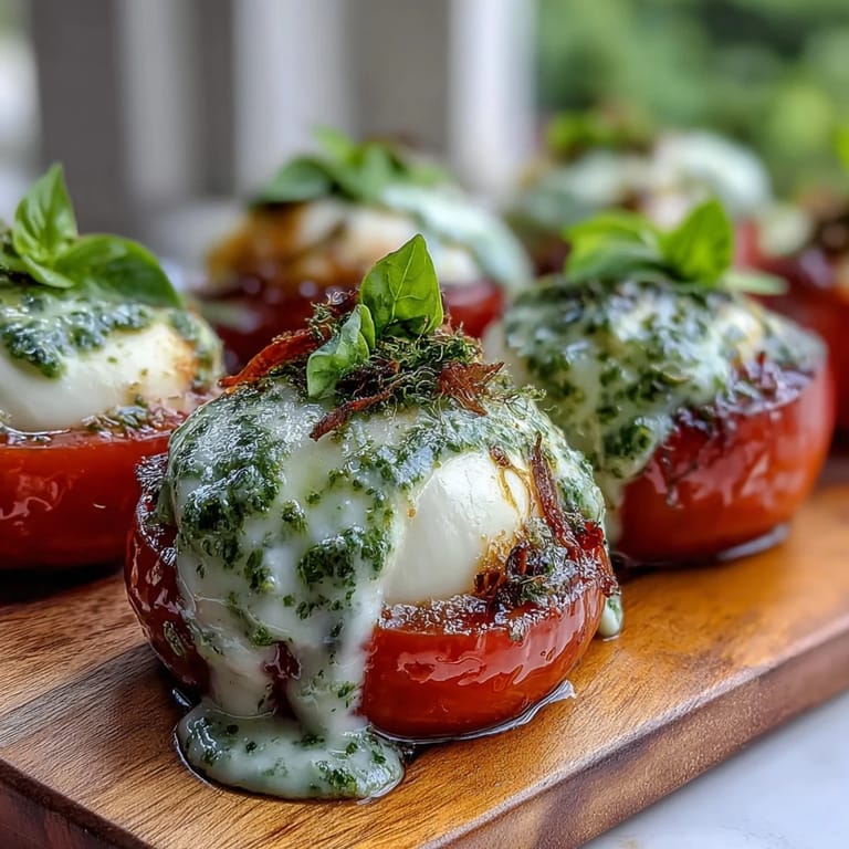 Bright Caprese skewers feature ripe tomatoes, soft mozzarella, and fresh basil, finished with a rich, homemade pesto drizzle for an elegant appetizer.
