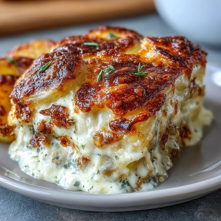 Decadent French side dish featuring layers of Yukon Gold potatoes and Gruyère cheese, baked until irresistibly golden and bubbly.  