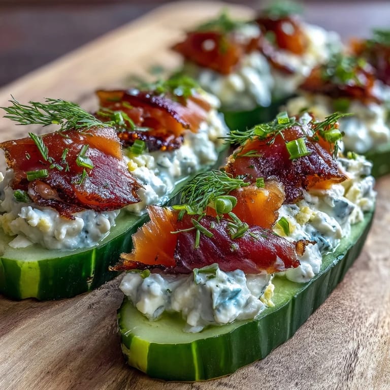 Crisp cucumber rounds layered with tangy cream cheese and delicate smoked salmon, accented by bright lemon zest and capers. Ideal finger food for gatherings.