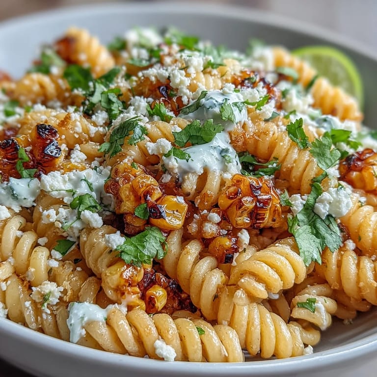 Colorful elote pasta salad with juicy cherry tomatoes, spicy jalapeño, and crumbled cotija cheese, perfect for summer gatherings or potlucks.