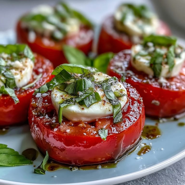 Classic Caprese salad with heirloom tomatoes, soft mozzarella, and homemade basil oil, served as a refreshing appetizer.