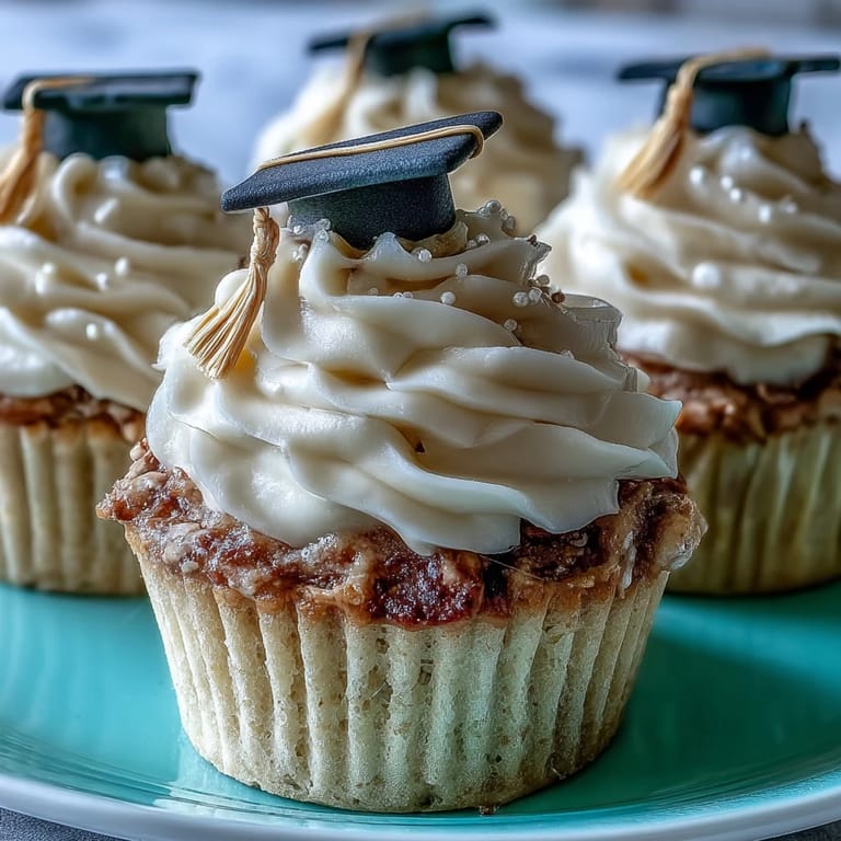 Celebrate with these charming Simple Graduation Cupcakes featuring soft vanilla cake, smooth vanilla buttercream, and adorable handmade fondant graduation caps in classic black and yellow.