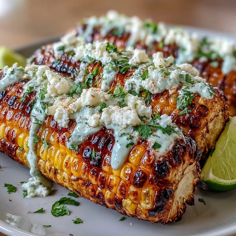 Smoky grilled corn elote style is smothered in tangy sauce, sprinkled with cheese, and garnished with fresh cilantro and lime.