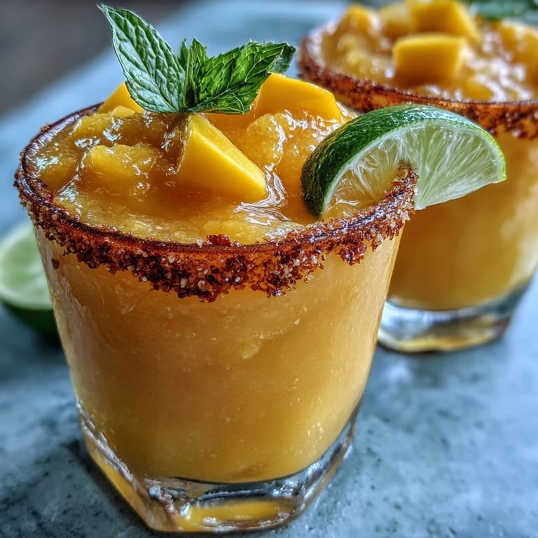 Creamy frozen mango margarita mocktail garnished with mango slices, perfect for summer sipping without alcohol.