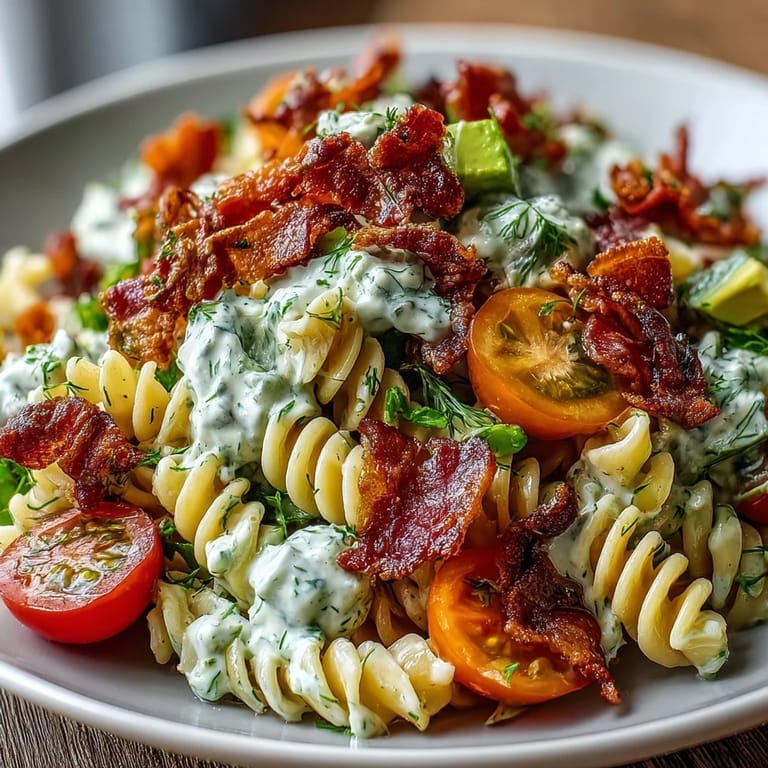 Colorful summer BLT pasta with avocado ranch, featuring tender rotini, smoky bacon, and crisp lettuce for a picnic-ready dish.