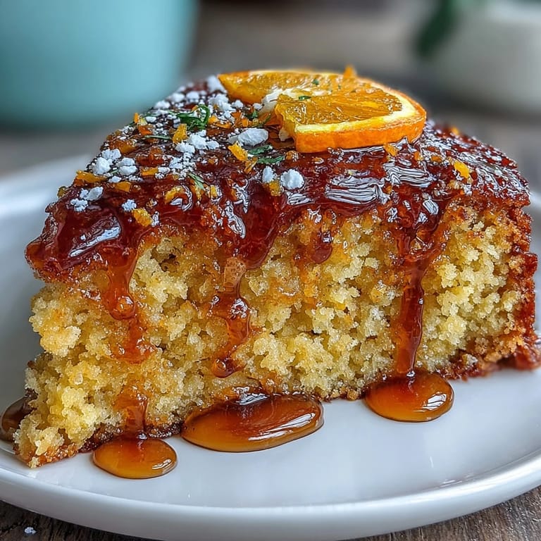 Bright, aromatic whole orange cake fresh from the oven, showcasing deep golden color and inviting citrus scent.
