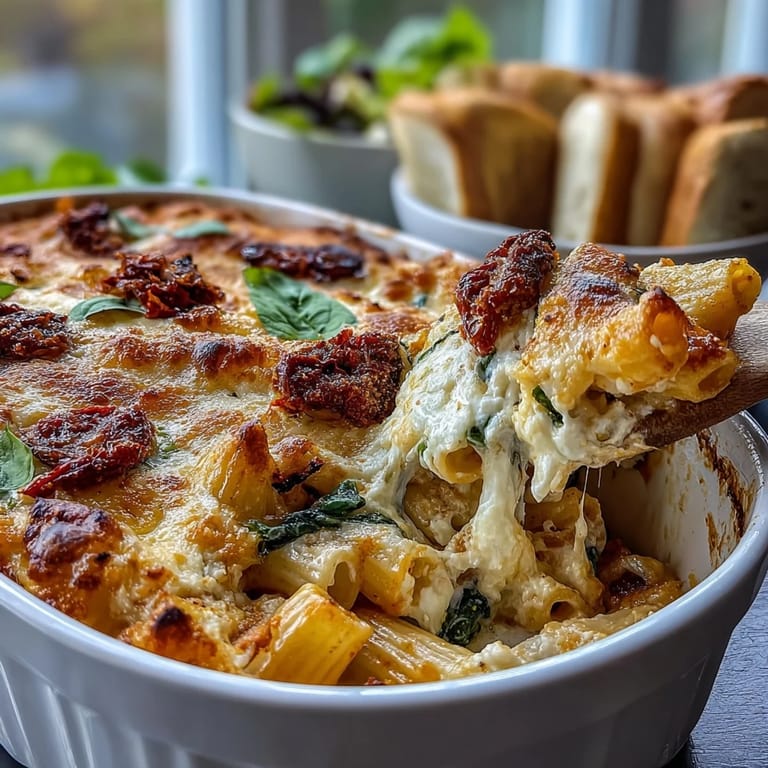 Comforting vegetarian baked pasta dish featuring tender penne, sun-dried tomatoes, and creamy ricotta, topped with melted cheese.  