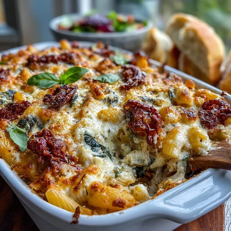 Easy weeknight dinner: oven-baked pasta with sun-dried tomatoes, fresh spinach, and layers of gooey mozzarella cheese.