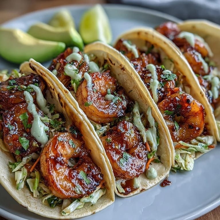 Savory honey garlic shrimp nestled in soft tortillas with crunchy red cabbage slaw and fresh cilantro.  