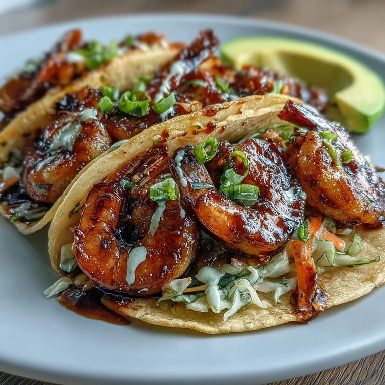 Glazed honey garlic shrimp served in warm tortillas with creamy lime dressing and vibrant shredded vegetables.