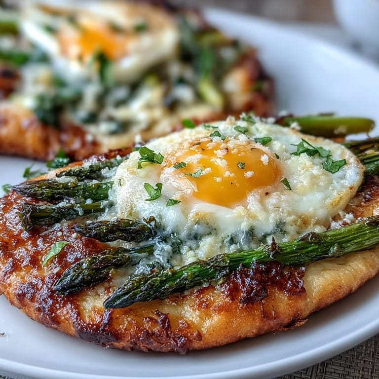 Asparagus and egg flatbread with zesty lemon and fresh herbs, perfect for a light vegetarian meal.