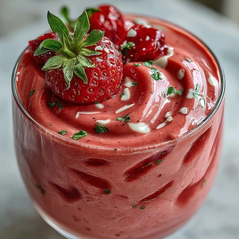 Creamy and refreshing strawberry spinach smoothie topped with chia seeds and served in a clear glass.  