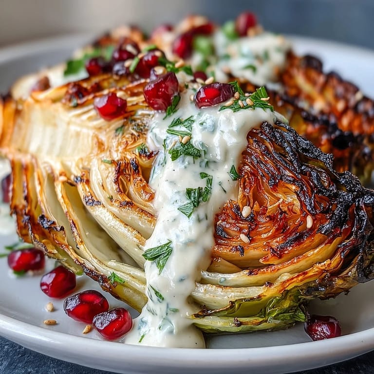 Charred cabbage wedges served with a smooth tahini drizzle, garnished with vibrant parsley and juicy pomegranate for a Middle Eastern-inspired dish.  