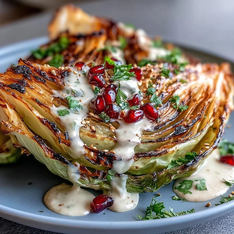 Grilled cabbage wedges arranged on a platter, dressed with lemon-garlic tahini sauce and sprinkled with fresh herbs and pomegranate arils.
