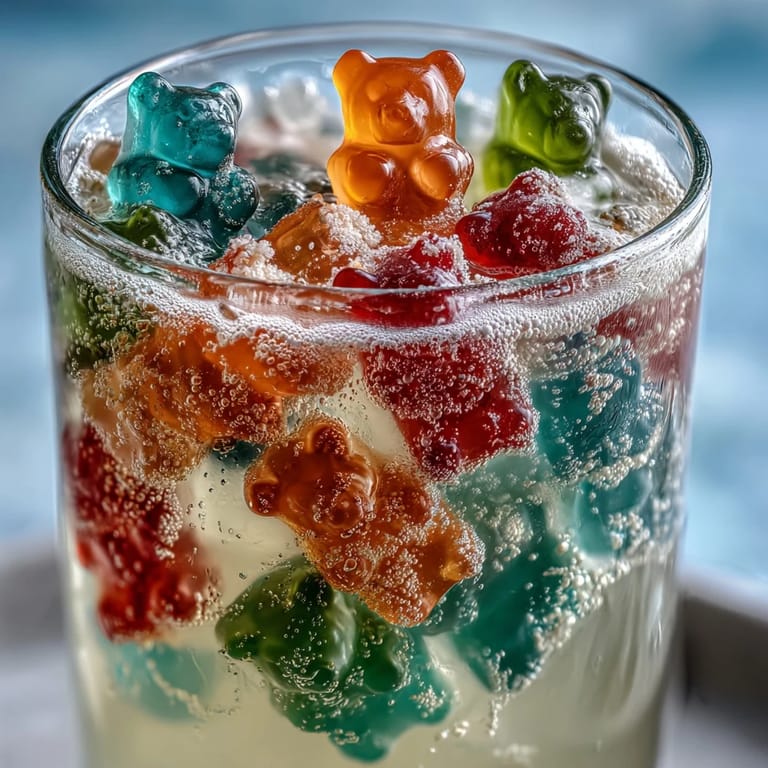 Layered Gummy Bear Lemonade Jelly Cups featuring zesty lemon gelatin encasing assorted gummy bears, creating a visually stunning and nostalgic treat perfect for parties.