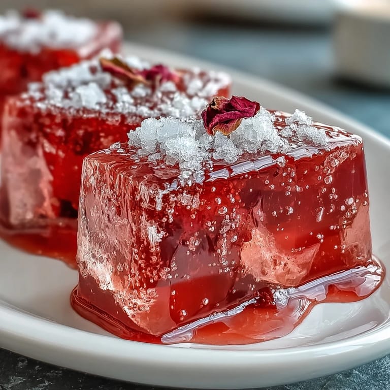 Delicate layers of strawberry and rose-flavored gelatin suspended in a silky cream mixture, creating a stunning visual dessert.  