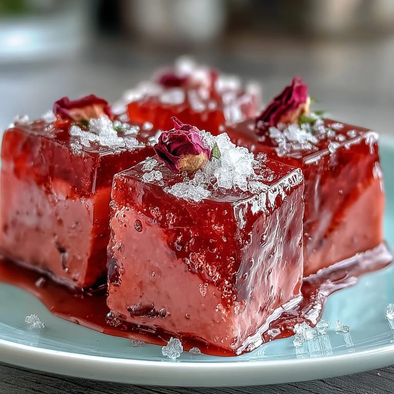 Elegant slices of strawberry rose gelatin cake with floral notes, ideal for special occasions or refreshing gatherings.