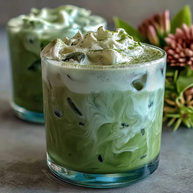 Two tall glasses filled with layered iced matcha latte topped with pillowy vanilla cold foam, garnished with a dusting of green tea powder.