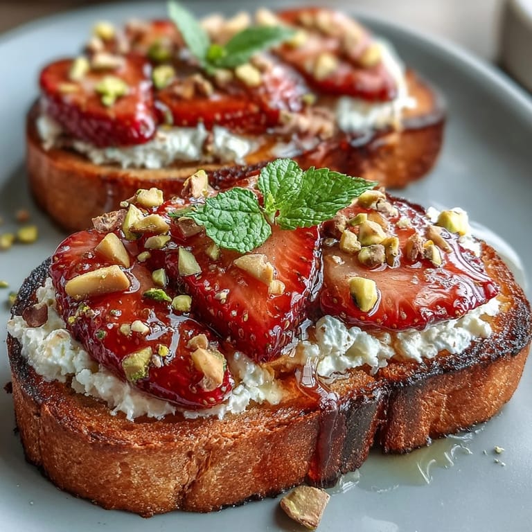 Elegant Strawberry Honey Ricotta Toast with Pistachios - Creamy ricotta spread on crisp toast, layered with sweet strawberries, drizzled honey, and a sprinkle of pistachios for texture.