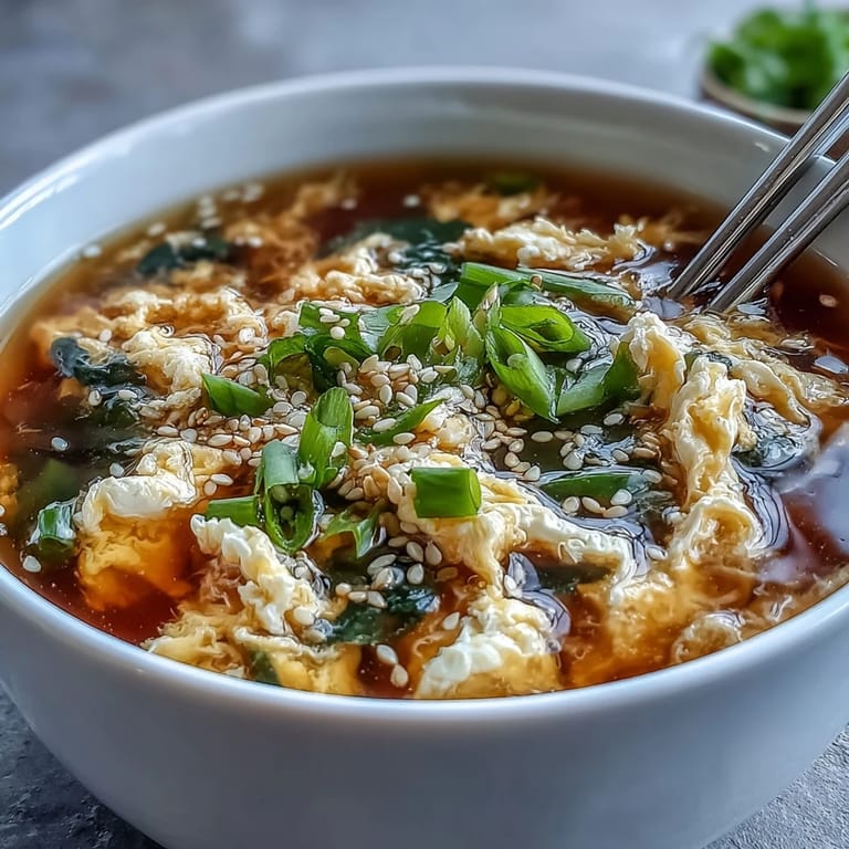 Garnish your homemade egg drop soup with sliced scallions for a fresh, flavorful, and satisfying meal.