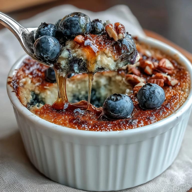 Comforting baked oats bursting with blueberries, drizzled with maple syrup and ready for a wholesome, easy breakfast.
