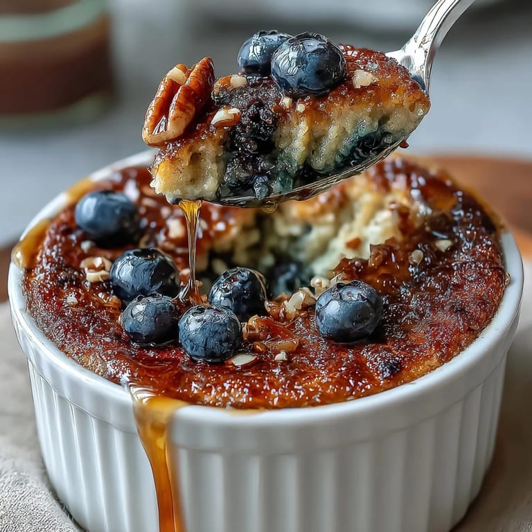 Single-serve blueberry baked oatmeal, golden and bubbling, topped with extra fruit for a nourishing start to the day.