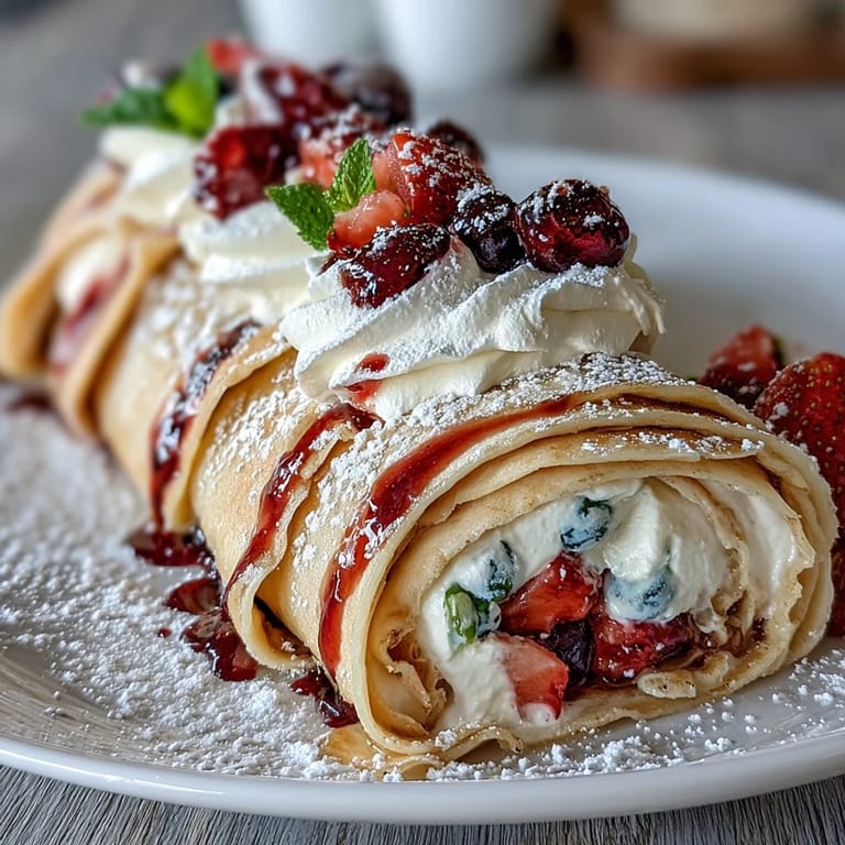 Light and airy crepe roll cake filled with whipped cream and vibrant berries, an impressive treat for any occasion.