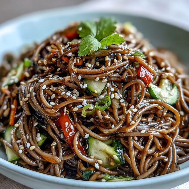 Chilled soba noodle salad with sesame ginger dressing, colorful, healthy, and delicious.