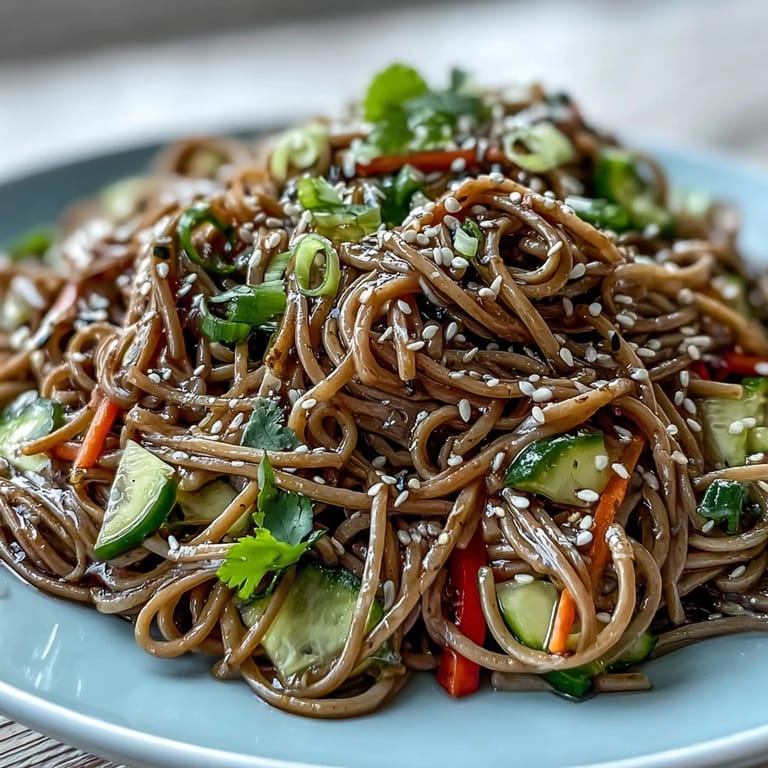 Tender soba noodles tossed in sesame ginger dressing, a refreshing light summer meal.