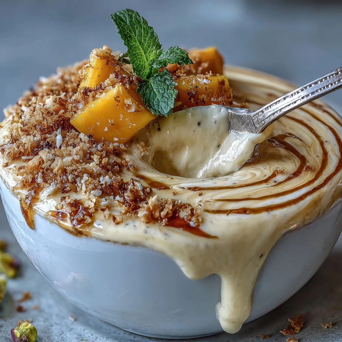 Rich, protein-filled Skyr chia pudding topped with sweet, diced mango chunks.