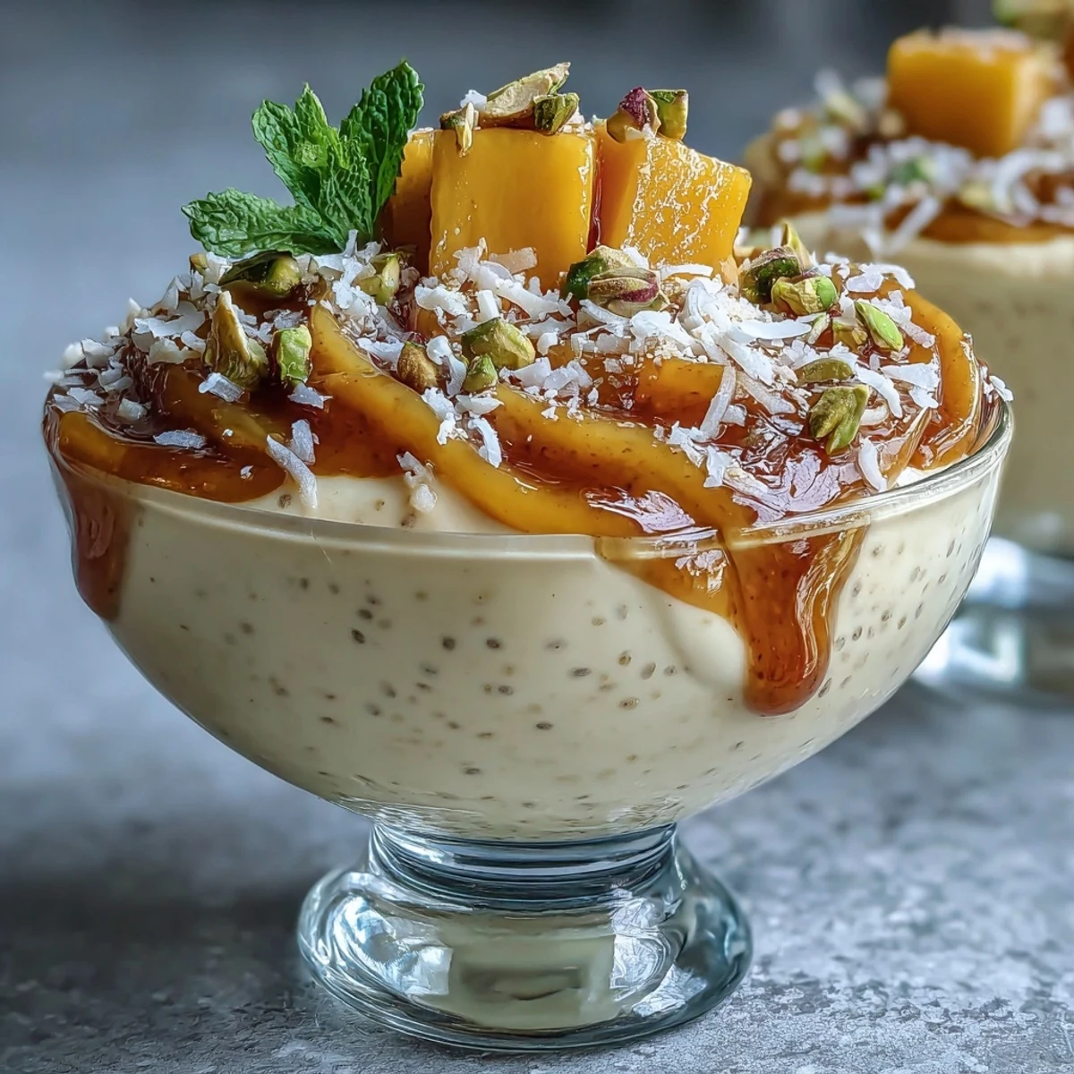 Indulgent Skyr Protein Chia Pudding layered with bright mango puree and fresh fruit.