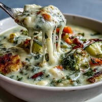 Creamy Garlic Parmesan Veggie Soup steams in a rustic bowl, showing a thick, cheesy texture and colorful diced vegetables with a sprinkle of extra Parmesan.