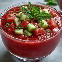 Bright red Vegan Watermelon Mint Gazpacho with cucumber and lime garnish, served chilled in a rustic glass bowl. 