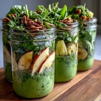 Four clear mason jars filled with vibrant green smoothie layers of spinach, pineapple, and banana for easy meal prep.