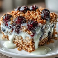 A warm blueberry oatmeal bake with a creamy Greek yogurt swirl, perfect for a wholesome breakfast.  