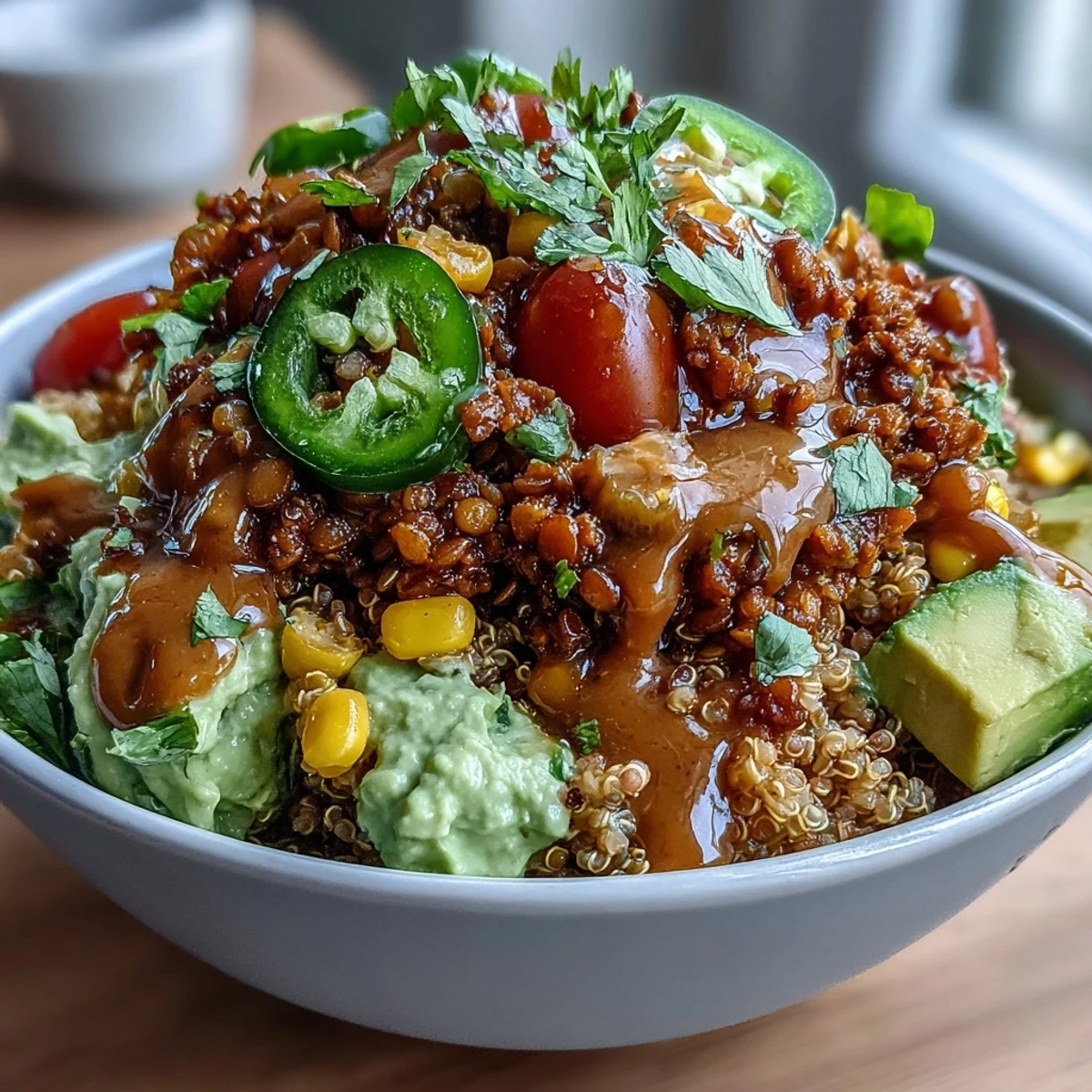 Hearty vegan lentil quinoa taco bowls with spiced lentil-quinoa mixture, creamy avocado lime crema, and fresh toppings in a colorful, satisfying dish.