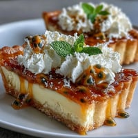 Tangy passionfruit curd fills a golden, flaky phyllo crust, topped with airy whipped cream and fresh mint leaves.